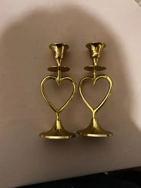 Vintage Solid Brass Heart Shaped Candlestick Holders Pair
