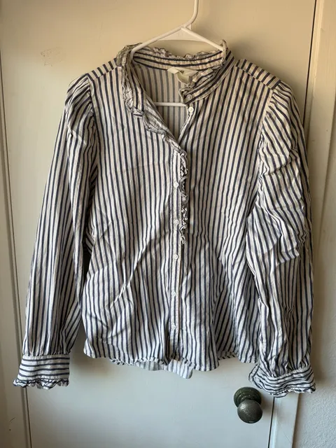 H&M Ruffle Collar Blouse Size M Blue White Striped Long Sleeve Shirt