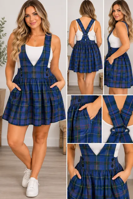 Hot Topic Blue Plaid Bib Suspender Skirt Size 3XL