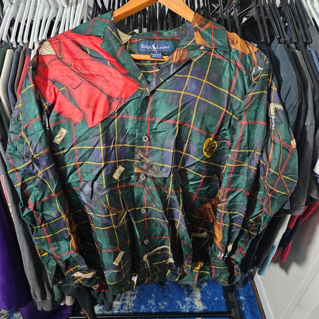 Vintage Ralph Lauren 100% Silk Equestrian Print Button Up Shirt Small Women