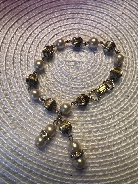 Coro Vintage Faux Pearl Charm Bracelet Gold Tone