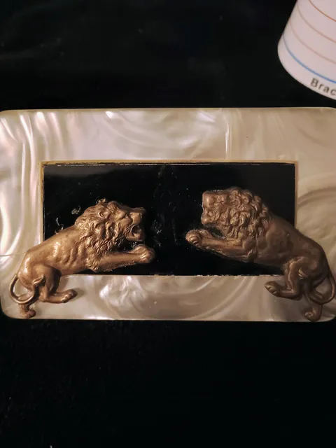 Vintage Faux Mother of Pearl Brooch with Two Brass Lions