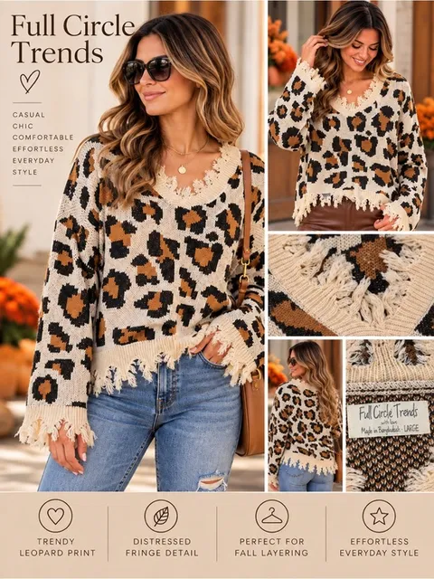 Full Circle Trends Leopard Fringe Sweater Women’s L Distressed V Neck Boho