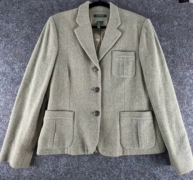 Lauren Ralph Lauren Tweed Blazer Size 12 Green Wool Blend Equestrian