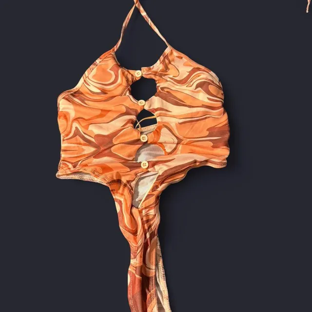Fashion Nova Cutout Halter Bodysuit Size S Orange Swirl Mesh