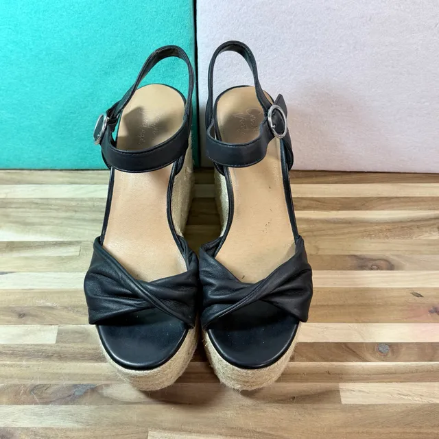 Crown Vintage Espadrille Wedge Sandals Black Leather