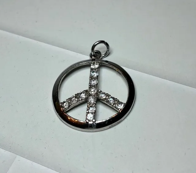Silver Tone Rhinestone Peace Sign Pendant Charm