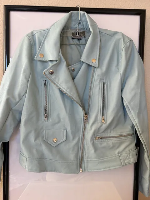 Love Tree Faux Leather Moto Jacket Size M Light Blue Biker