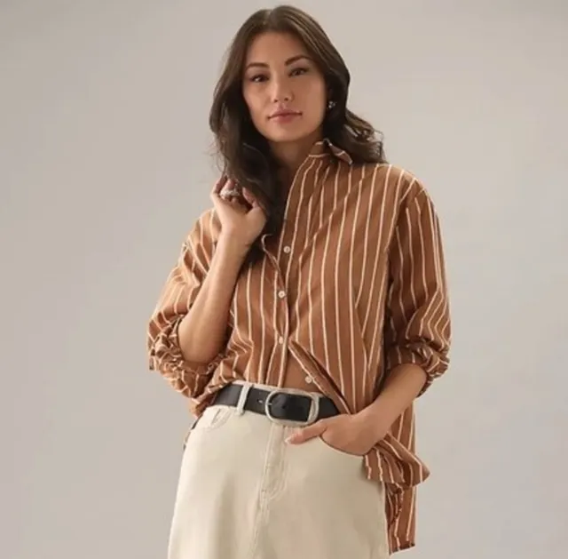 Faithfull The Brand Daija Button Down Maya Striped Shirt Size XS Brown