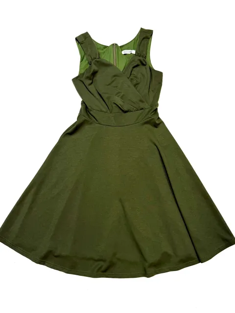 Grace Karin Women's Dress S Old Money Preppy Balletcore Quiet Luxury Retro Cottage-Glam 1950s Style Olive Green Army Green Sleeveless Surplice Faux Wrap V-Neck Fit and Flare Circle Skirt Swing Midi Gathered Shoulder Wide Waistband Back Zip Stretch Ponte K