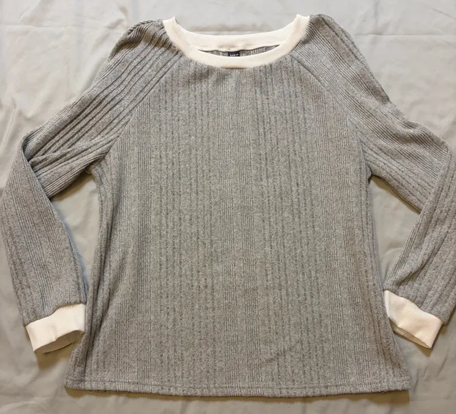 Shein Rib Knit Long Sleeve Pullover XL Gray Crew Neck Contrast