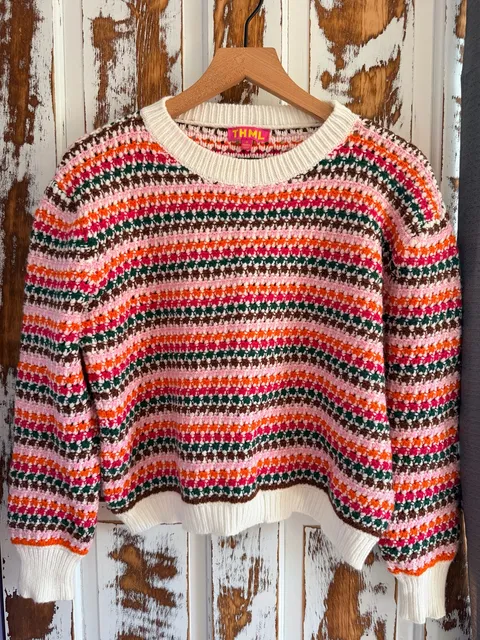 THML Women’s Striped Sweater Size M Multicolor Crocheted Crewneck Eclectic