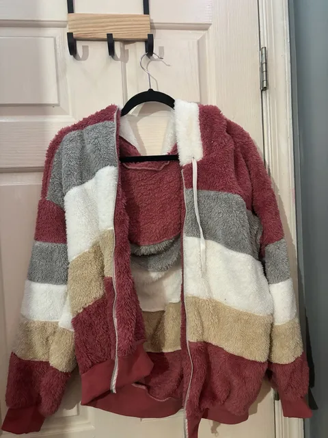 Wernzatt Color Block Fuzzy Fleece Hooded Jacket Coat