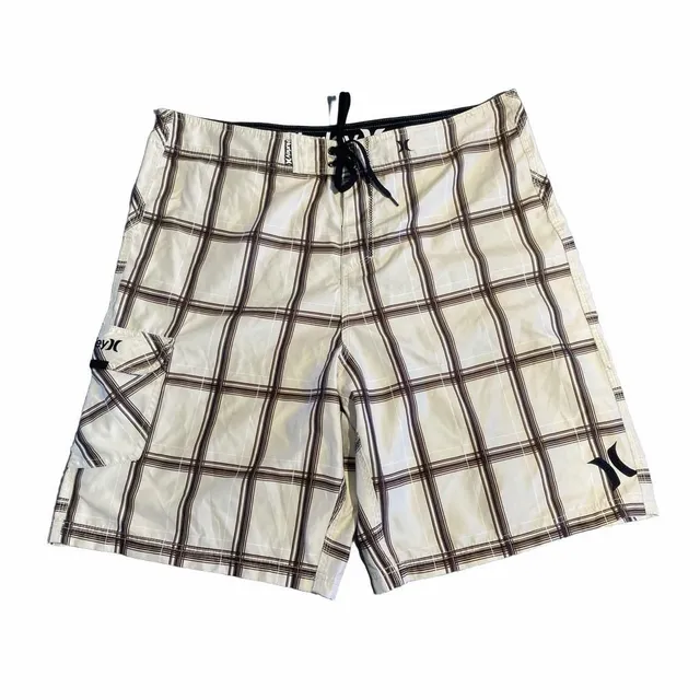 Hurley Board Shorts Size 38 White Brown Plaid Cargo Surf Swim Trunks