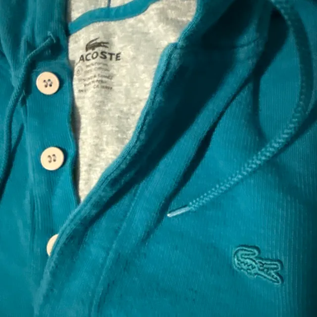 Lacoste Hoodie Size 6 Teal Blue Button Up Pullover Lg