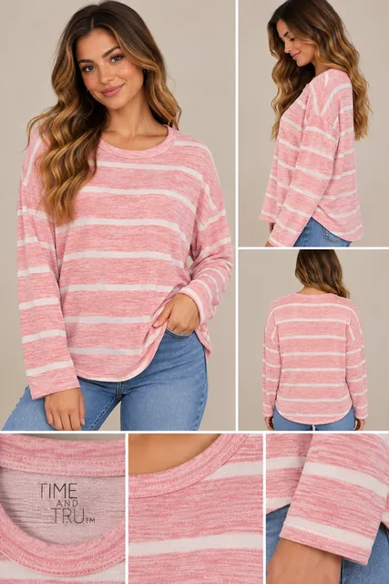 Time And Tru Striped Long Sleeve Shirt Pink Size Large 