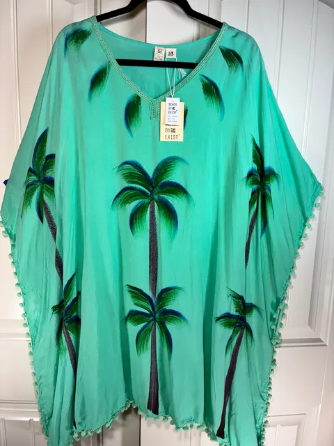 Beach By Exist Palm Tree Caftan Cover Up Size S/M Seafoam Green