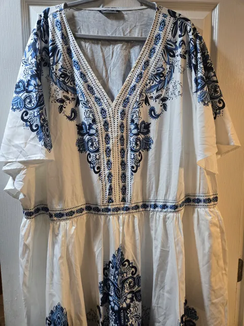 BloomChic Blue White Paisley Dress Size US 30 V-Neck Maxi
