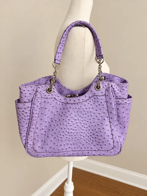 Purple ostrich leather bag with silver hardware,...