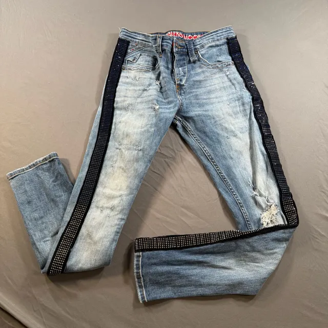 Smugglers Moon W30 L31 Distressed Jeans Rhinestone Side Stripe Skull Y2K