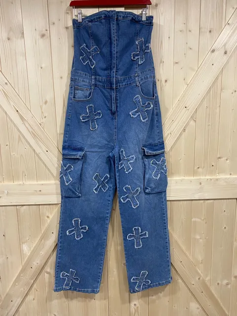 New!!Denim Cross Patch Strapless Jumpsuit Cargo Pants size large