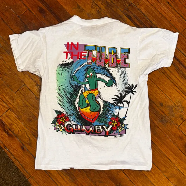 Vintage 1987 Gumby In The Tube Surfing T-Shirt Size Medium 38-40
