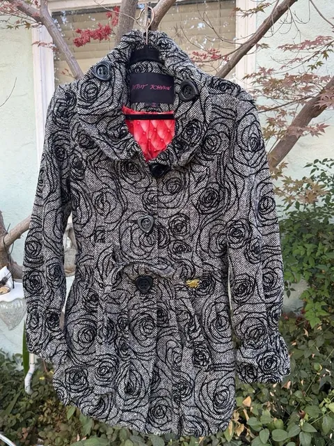 Y2K-era Betsey Johnson Rose Garden Tweed Wool-Blend Bubble Hem Coat ASIS