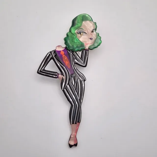 Spooky Cute Beetlejuice Vibe Pinstripe Suit Green Hair Acrylic Brooch Pin