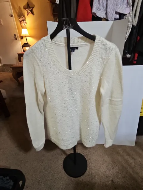 Tommy Hilfiger Sequin Sweater Size L White Long Sleeve Scoop Neck