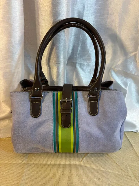 Tommy Hilfiger Purple Faux Suede Handbag Striped Webbing Strap Satchel