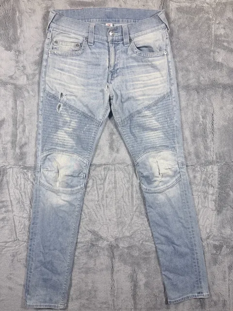 True Religion Moto Jeans Size 31 Light Wash Distressed Biker Denim