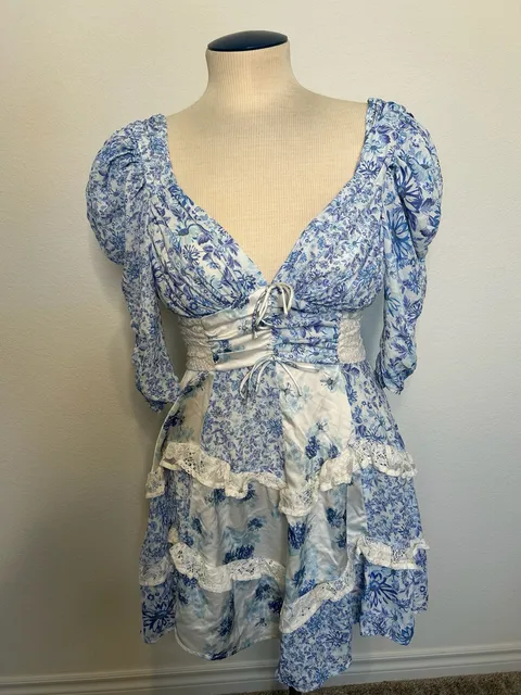 For Love & Lemons Dress Size S Blue White Floral Corset Mini