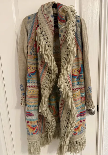 Johnny Was Biya Fringe Embroidered Hooded Duster Cardigan Coat Size S Butterfly Boho