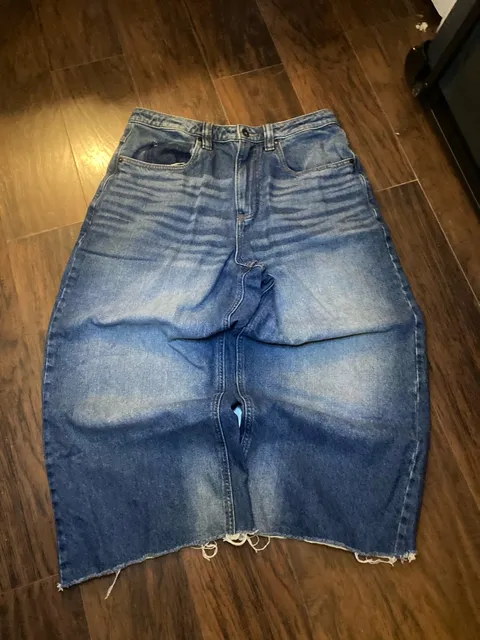 Empyre Loose Fit Denim Skirt Blue Raw Hem