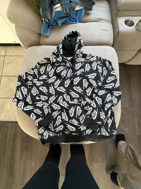 Nike All-Over Print Logo Hoodie Size XL Black White Sweatshirt