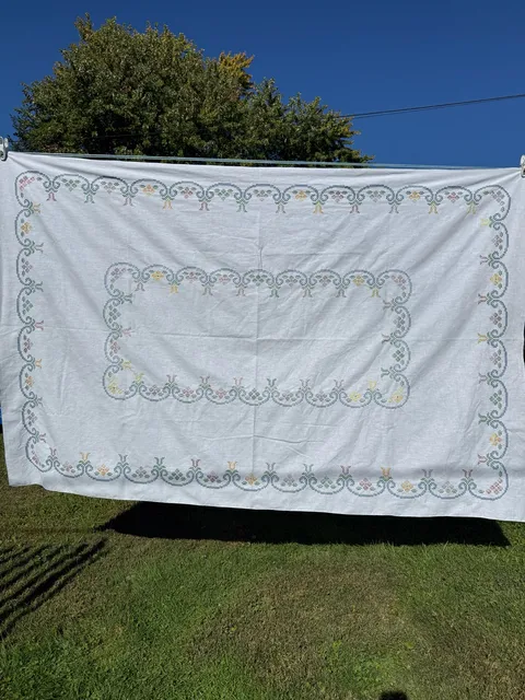 Vintage Hand Embroidered Cross Stitch Tablecloth Floral Linens
