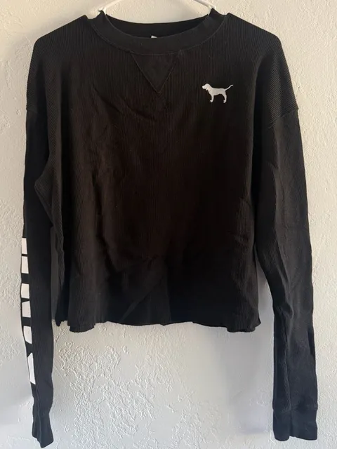 PINK Victoria's Secret Waffle Knit Long Sleeve Top Size S Black