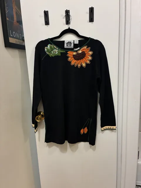 Storybook Knits Sunflower Sweater Size S Black Sequin Beaded Deadstock NWT