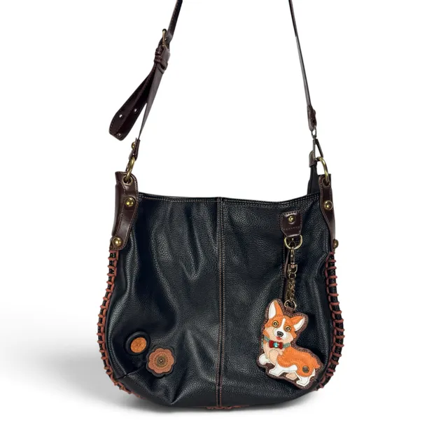 CHALA Corgi Shoulder Bag Black Leather Whipstitch Floral Boho
