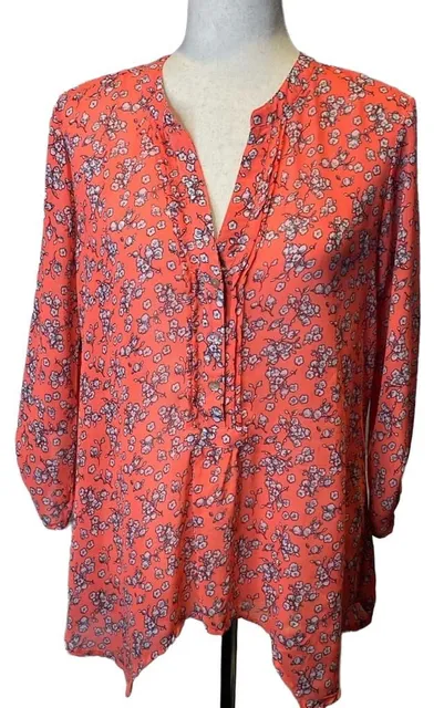 Democracy Floral Blouse Size S Orange V-Neck Tunic Top