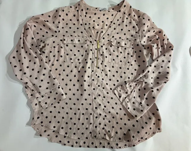Express Polka Dot Zip Front Long Sleeve Blouse Pink Black Size L