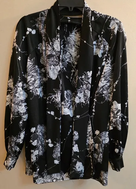 JM Collection Floral Print Tie Neck Blouse Black White