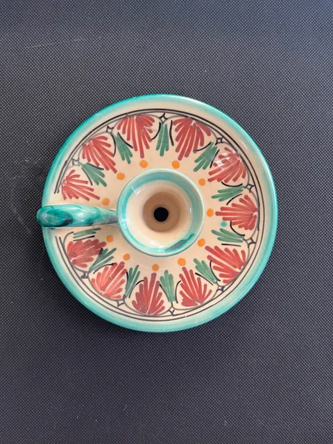 Handmade Ceramic Candlestick Holder Handled Teal Red Yellow 6 Inch