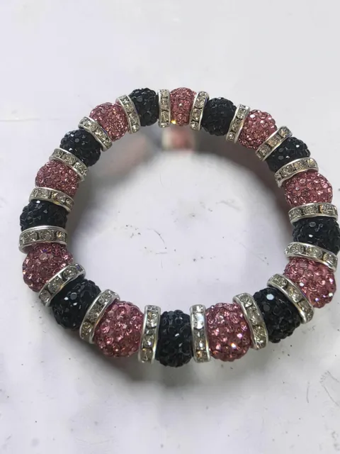Pink And Black Crystal Rhinestone Shamballa Bead Stretch Bracelet