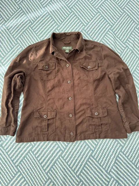Eddie Bauer Utility Jacket Size XL Brown Linen Four Pocket