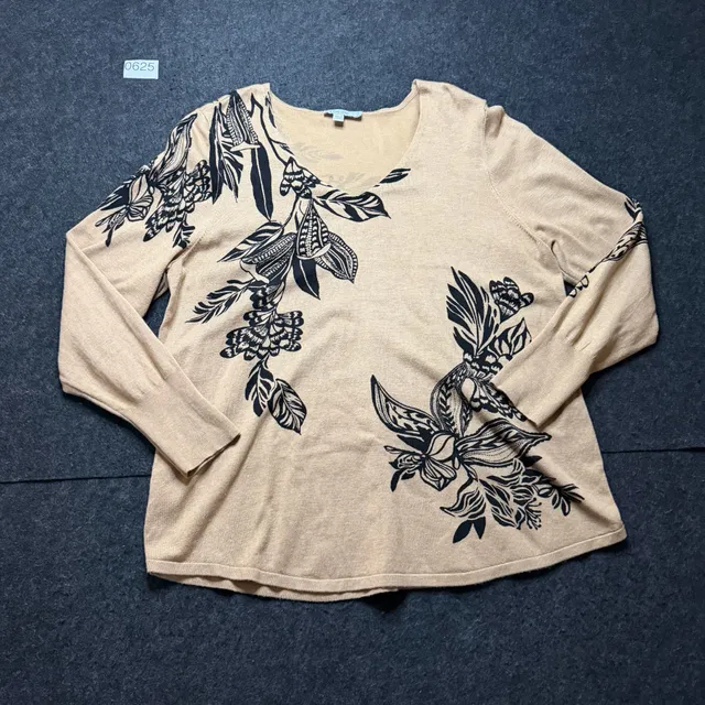 Chico's V-Neck Sweater Size 3 Tan Black Floral Long Sleeve