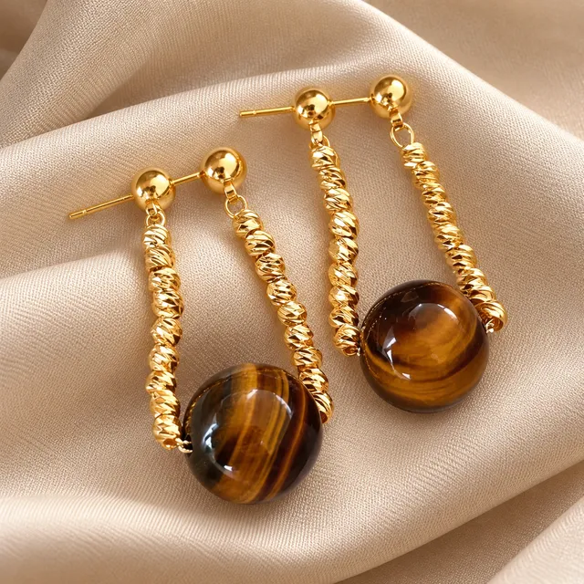 Tiger Eye Stone Gold Plated Twisted Chain Drop Earrings
