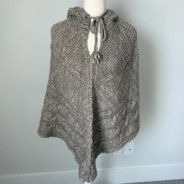 LOFT Hooded Poncho Size M/L Taupe Gray Wool Blend Cable Knit