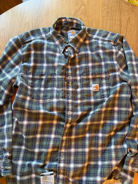 Carhartt FR Plaid Flannel Work Shirt Size Large Regular Green Blue