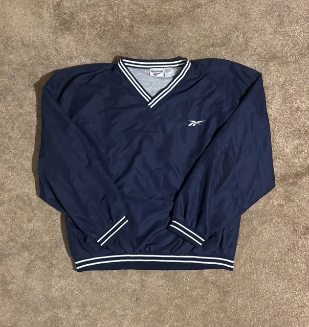 Vintage 90s Reebok V-Neck Windshirt Pullover Jacket Navy Blue Mens Size XL